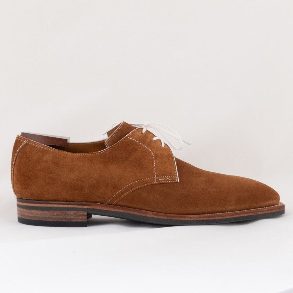 Corthay Sergio Pullman Calf Suede Piped Derby Shoes Men's 8 Castor Tan